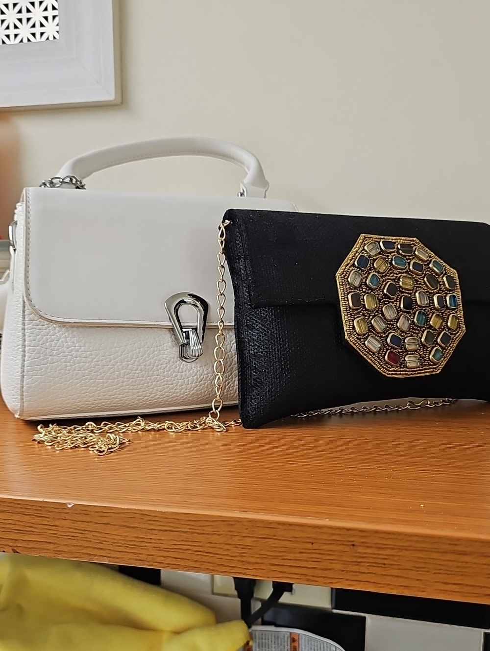 White Leather Top-Handle Bag with Black Embellished Clutch - Classic Duo